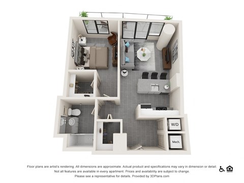 Floor plan for 1 bed, 1 bath, 775 sqft